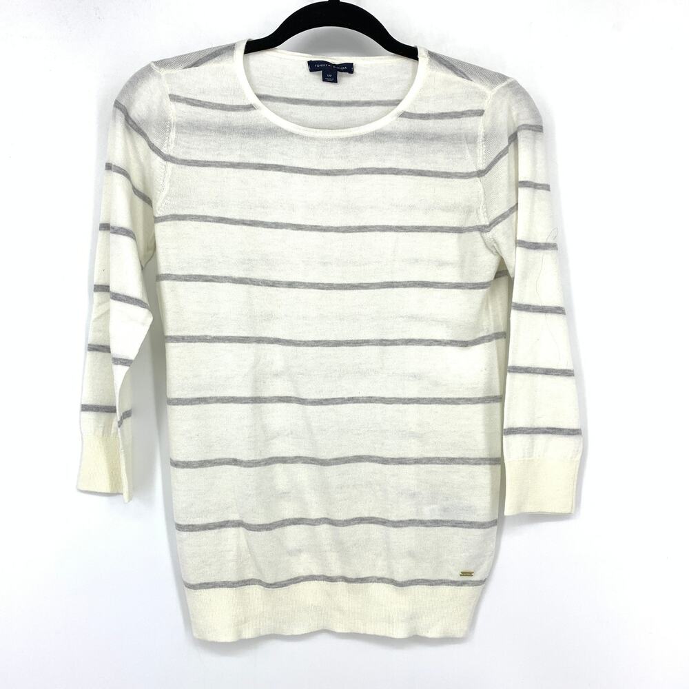 Tommy Hilfiger Crew Neck Pullover Thin Sweater Womens Size S White Gray Stripe
